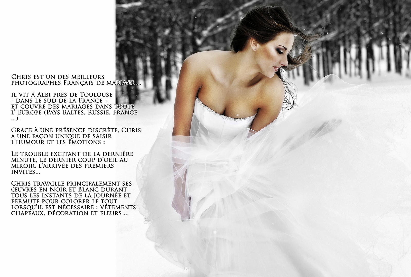 Portrait de mariée en robe blanche dans un décor hivernal